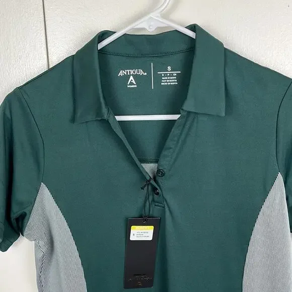 Antiqua Womens Golf Shirt Polo Small Green White Short Sleeve Collar 2 Button - Picture 2 of 5
